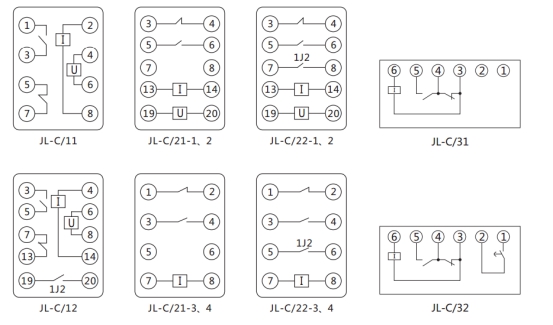 JL-C/32反時(shí)限電流繼電器內(nèi)部接線及外引接線圖（正視圖）