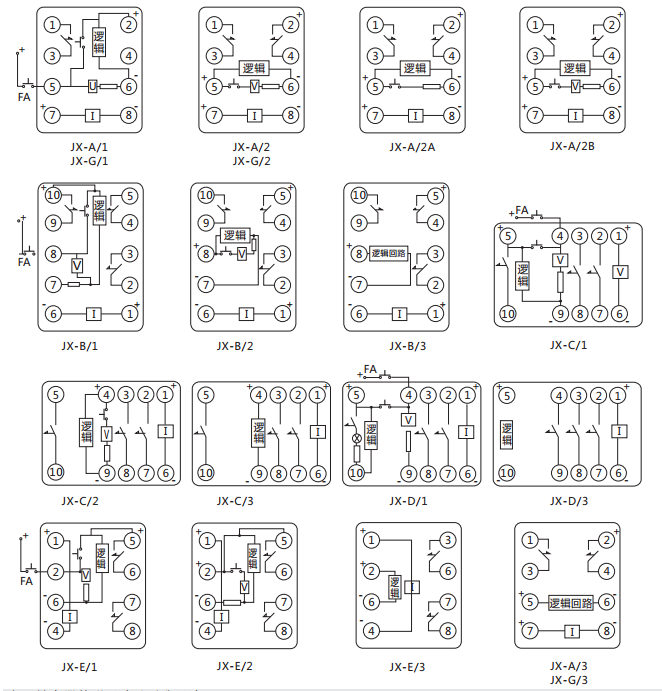 JX-C靜態(tài)信號繼電器內(nèi)部接線及外引接線圖（正視圖）