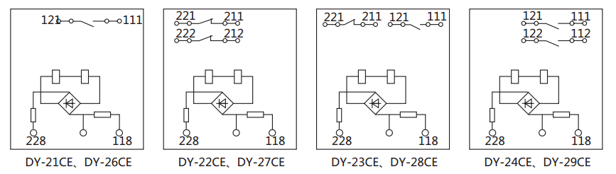 DY-21CE～24CE/C電壓繼電器內(nèi)部接線及外引接線圖