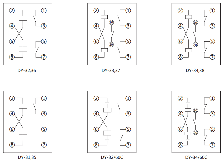 DY-31電壓繼電器內(nèi)部接線圖及外引接線圖(背視圖)