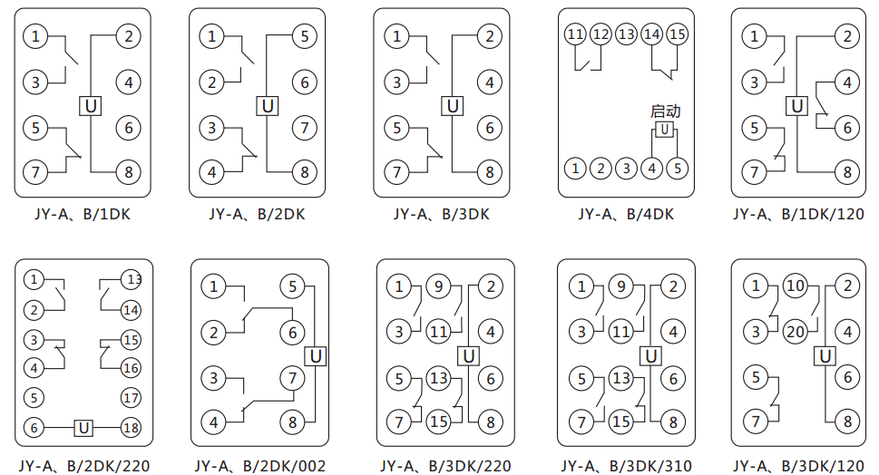 JY-B/4DK無輔源電壓繼電器內(nèi)部接線圖及外引接線圖（正視圖） 