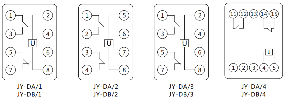 JY-DB/1集成電路直流電壓繼電器內部接線圖及外引接線圖（正視圖）