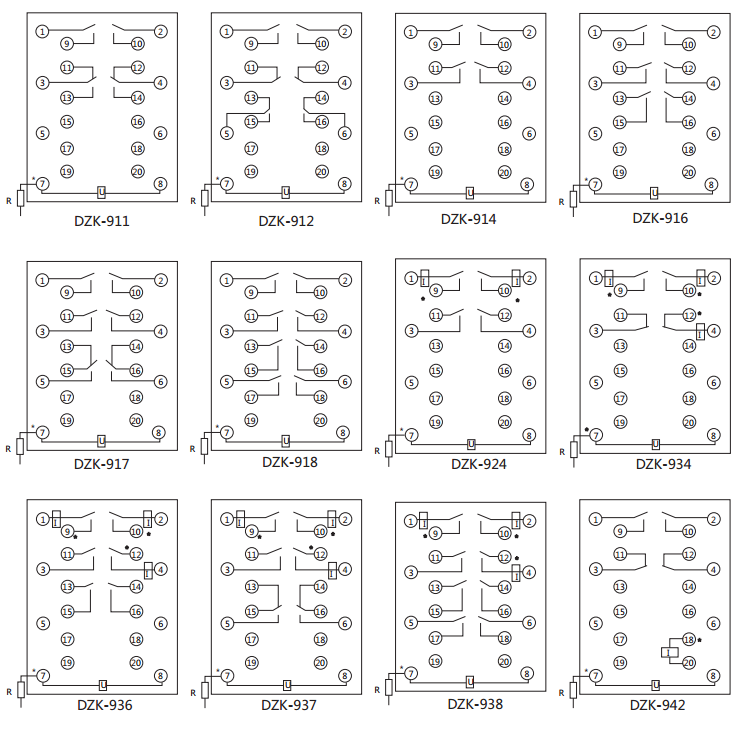 DZK-934快速中間繼電器內(nèi)線接線及外引接線圖(正視圖)