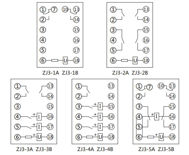 ZJ3-4B快速中間繼電器內(nèi)部接線圖及外引接線圖(正視圖)