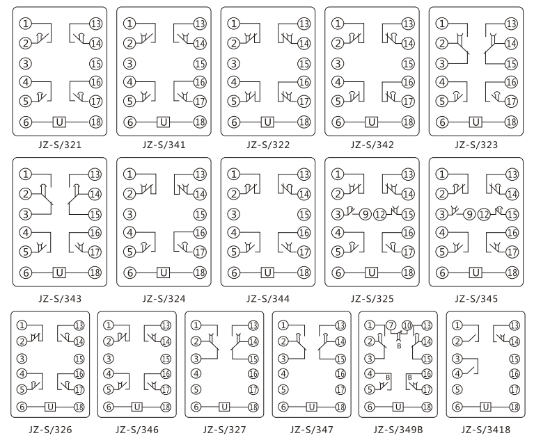 JZ-S/2415靜態(tài)可調(diào)延時(shí)中間繼電器內(nèi)部接線圖及外引接線圖