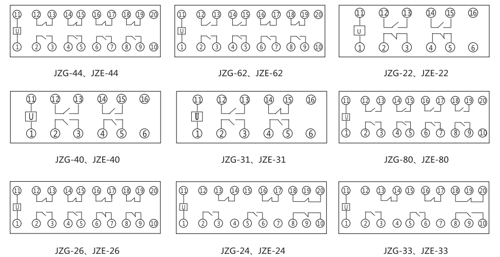 JZG-33卡軌式靜態(tài)中間繼電器內(nèi)部端子外引接線圖