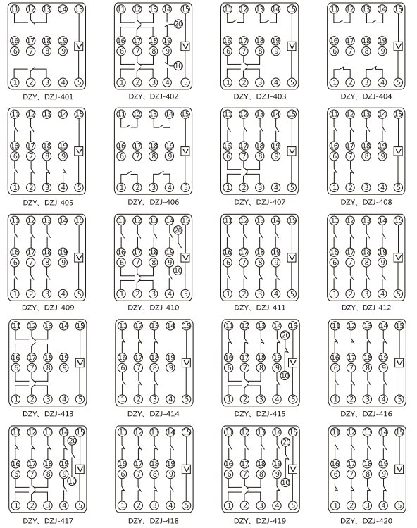DZY（J)-414導軌式中間繼電器內(nèi)部端子外引接線圖(正視)