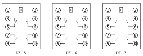 DZ-15中間繼電器內部接線圖及外引接線圖(正視圖)